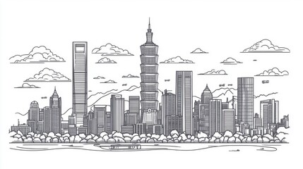 Naklejka premium A line art vector illustration of Taipei.