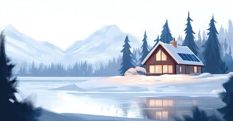 Naklejka premium A serene winter landscape featuring a solar-powered cabin by a frozen lake surrounded by snow-covered mountains