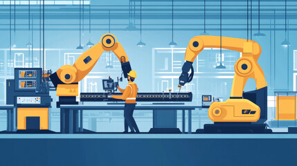 Industrial workers operating heavy machinery on a production floor