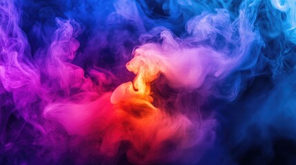 A dramatic close-up of neon-colored smoke swirling around a central point, with intense colors creating a sense of motion and energy.