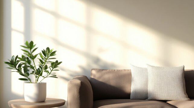a modern living room with brown sofa and a small plant, in the style of luminous shadows, light beige, photo bashing, matte background, soft edged, modern, nature inspired.