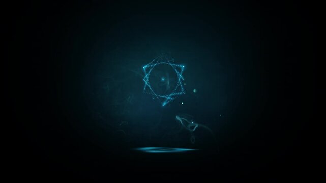 Metatron's glowing neon cube made up of many small blue flashing dots, bulbs, rotating in smoke and flying dust in the dark. Sacred geometry. 4k 3d looped animation.