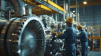 Fototapeta premium Industrial workers operating heavy machinery on a production floor