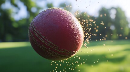 A close-up of a cricket ball in motion, surrounded by particles in a grassy field.