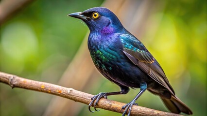 Obraz premium A close-up photo of a sleek black bird with shiny feathers perched on a branch, black, bird, feathers, wildlife, nature, close-up