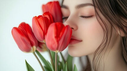 Fototapeta premium happy Women’s Day concept featuring a brunette girl enjoying the fragrance of red tulips against a clean white background