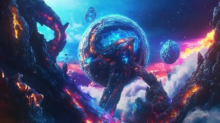 An otherworldly landscape featuring glowing planets suspended above a colorful mountainous terrain at twilight