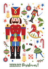 Merry Christmas, New Year poster with Ballerina, Mouse King and Nutcracker. Christmas illustration.