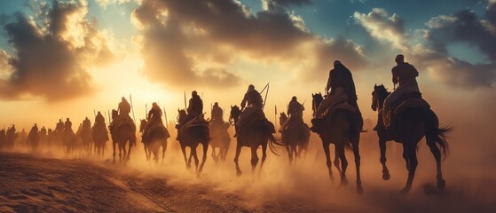 Mysterious ancient Arabian military soldiers troops on horseback in the desert background wallpaper AI generated image