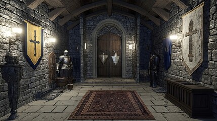 Obraz premium Medieval Hallway with Stone Walls, Wooden Doors, and Armors