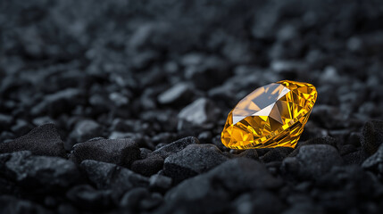 A bright yellow diamond shines among black pebbles, symbolizing the rarity and brilliance of a breakthrough discovery.