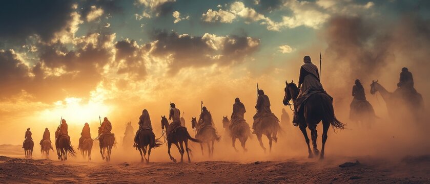 Mysterious ancient Arabian military soldiers troops on horseback in the desert background wallpaper AI generated image