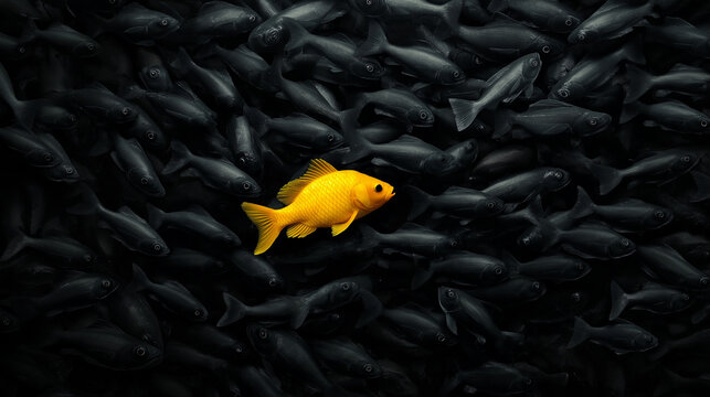 A single yellow fish swimming against a school of black fish, embodying the concept of breaking norms and driving innovation.