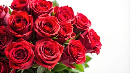 Obraz premium Bouquet of vibrant red roses on a white background, roses, flowers, bouquet, red, petals, arrangement, romance, love, fresh