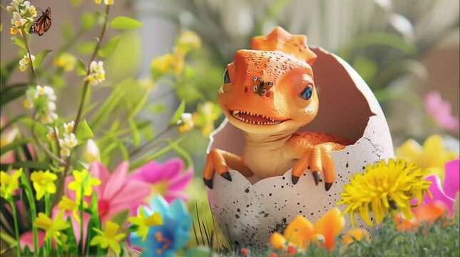 Charming baby dinosaur emerging from an egg, surrounded by vibrant spring flowers. Seamless looping time-lapse video background