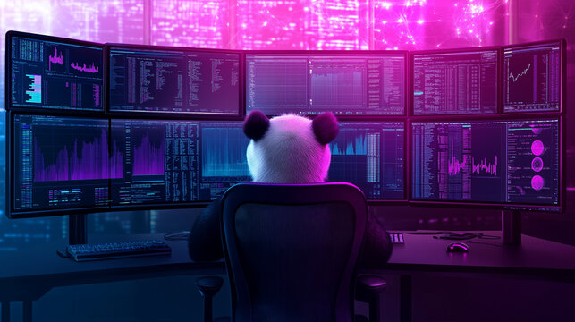 A panda surrounded by multiple monitors, each displaying different datasets and analytical reports, symbolizing the versatility of the Pandas tool in processing large amounts of da