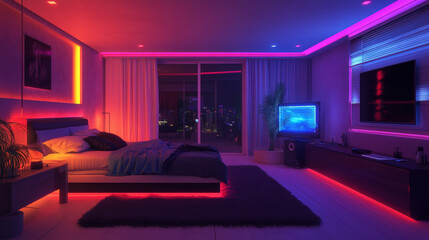 Fototapeta premium A bedroom at night, with colorful lights illuminating the room. This is a computer-generated image.