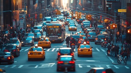 A dynamic scene of rush hour traffic with cars, buses, and motorcycles navigating through a crowded city street, capturing the energy and movement of urban transport.