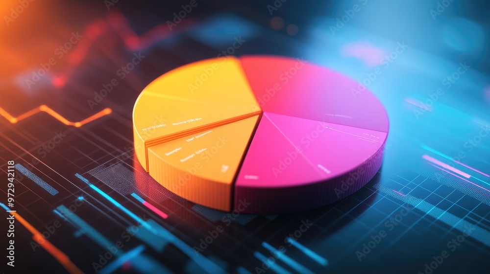 Poster a dynamic shot of a 3d pie chart with animated segments, showing real-time changes in data distribut
