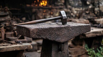 A Hammer Resting on a Blacksmith's Anvil