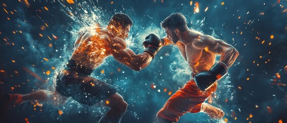 Naklejka premium A fighting scene character between two men hero in an epic battle video game graphic background wallpaper AI generated image
