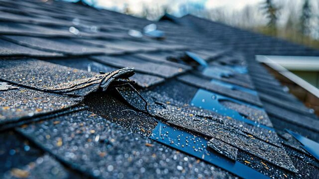 Inspecting a wet roof with damaged shingles in a residential area after a rainstorm in early spring