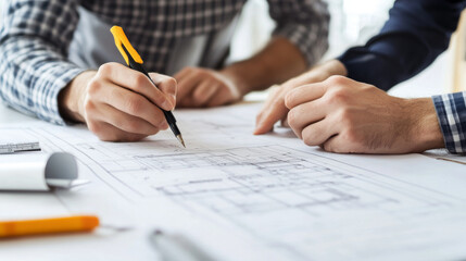 Engineers reviewing blueprints and discussing plans on-site