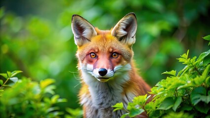 Fototapeta premium Close-up photo of a red fox in its natural habitat with lush green foliage in the background, wildlife, red fox
