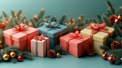 A charming arrangement of pastel-colored Christmas gifts adorned with glittering ribbons, surrounded by pine branches, ornaments, and pinecones for a festive holiday setting