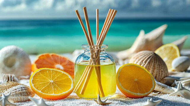 Bright citrus fragrance diffuser on sandy beach with seashells and vibrant ocean in the background at midday