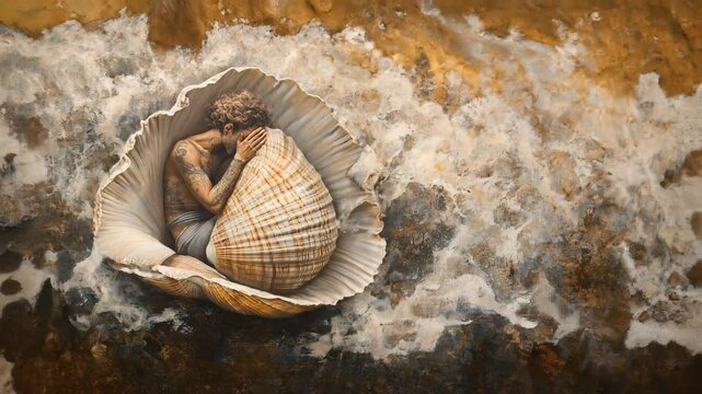 3D animation of a detailed sculpture of a sleeping figure in a sea shell