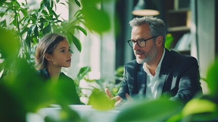 Obraz premium corporate mentorship in action as a mature businessman talks strategy with a younger colleague in a modern office, surrounded by greenery for a fresh working atmosphere