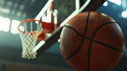 A close-up of a basketball approaching a hoop in a sports setting.