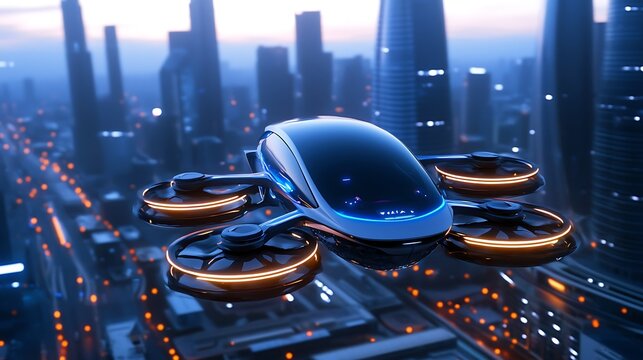 Another perspective of a futuristic flying car navigating through a bustling cityscape, highlighting the integration of innovation and urban life.