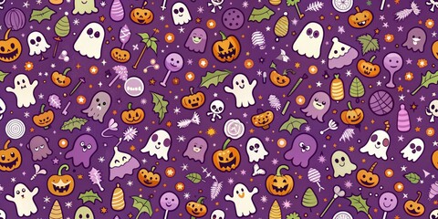 Naklejka premium Purple themed Halloween pattern featuring cute and spooky elements such as pumpkins, ghosts, bats, and candy, purple, Halloween
