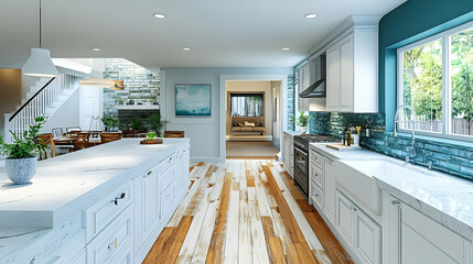 Modern kitchen with white cabinetry, wooden flooring, and a bright, inviting atmosphere.