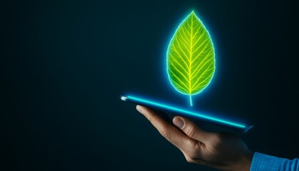 glowing leaf icon emerging from a digital tablet , the environmental sustainability and agricultural technologies, and intelligent farming solutions.
