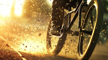 Obraz premium A cyclist riding on a dirt path, kicking up dust in the sunlight.