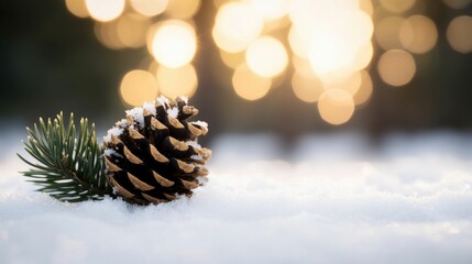Obraz premium Pine Cone and Evergreen Branch on Snow with Warm Light. Generative ai