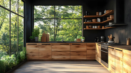 Modern kitchen with wooden accents and large windows overlooking greenery.