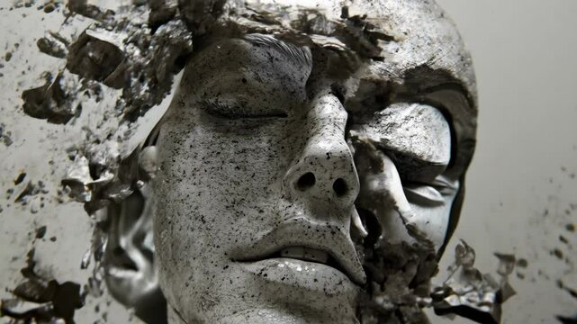 Collapsing stone female head with closed eyes