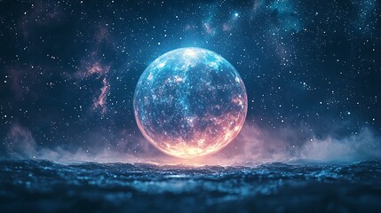 Glowing planet set against a starry sky with gentle waves below, merging celestial beauty with serene oceanic elements.