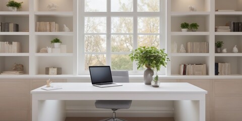 Fototapeta premium Modern home office with large window, white frames, built-in she