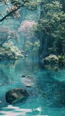 Tranquil blue water flows through a lush green forest with pink blossoms and large rocks.