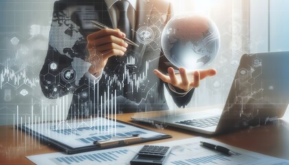 The image shows a person at a desk with digital graphs and holographic images floating above his hand, including a globe. It suggests advanced business analytics or futuristic technology in finance. T
