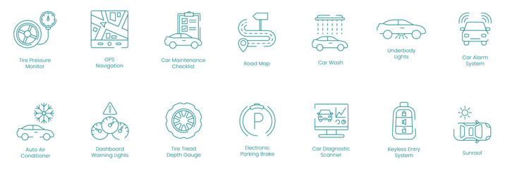 Tire Pressure Monitor, GPS Navigation, Car Maintenance Checklist, Road Map, Car Wash, Underbody Lights, Car Alarm System, Auto Air Conditioner, Dashboard Warning Lights vector icon set