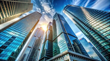 Low angle view of modern skyscrapers with futuristic architecture, skyscrapers, architecture, futuristic, modern, buildings