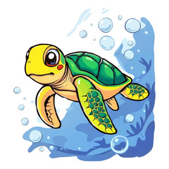 watercolor, oil painting style turtle mascot logo. Sea turtle vector illustration isolated on white background. Cartoon marine animal. 