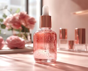 Glass dropper bottle with pink liquid, on a table with pink flowers and other bottles in the background.