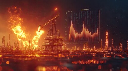 Obraz premium 40. Oil price surge visualized, with a pumping oil rig, flames coming from a refinery, and a digital graph showing prices skyrocketing
